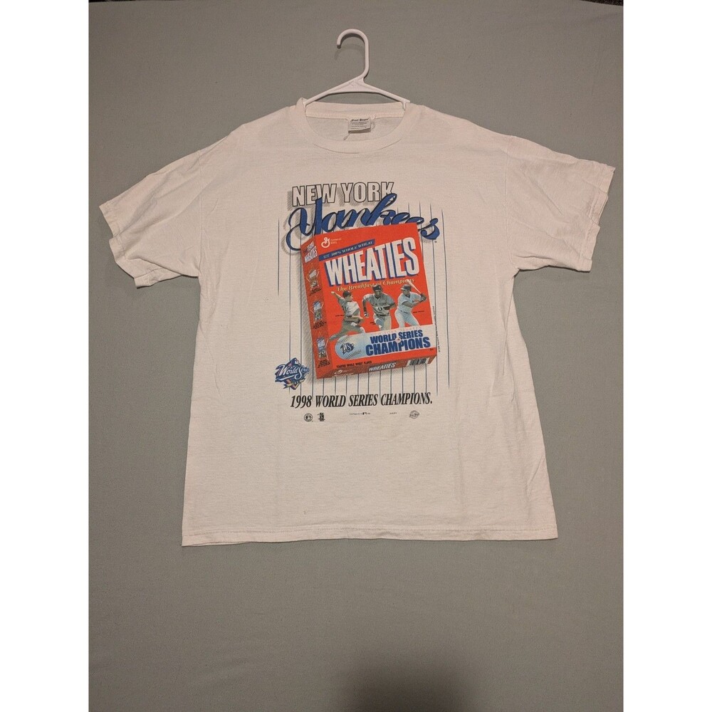 Vintage 1998 New York Yankees Wheaties Cereal Box T Shirt Mens L MLB World Serie